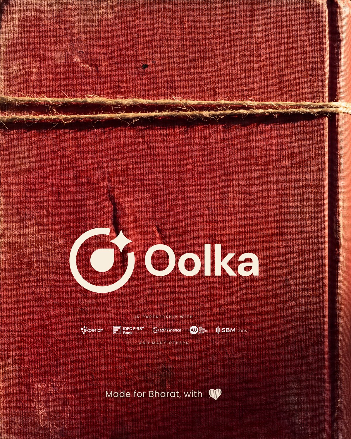 Back cover: red cloth with the Oolka mark and the hand-drawn dedication, Made for Bharat, with a white heart.