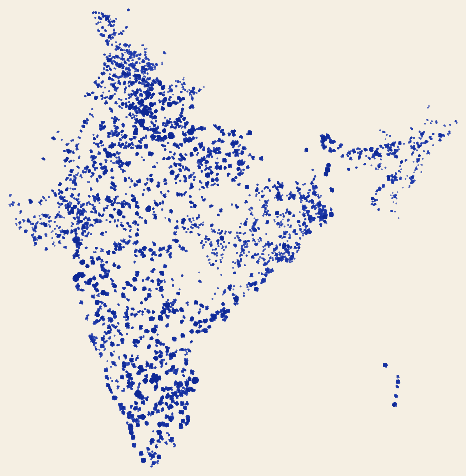 A map of India drawn only from dots, one for every pincode with Oolka users on it. No borders are drawn.